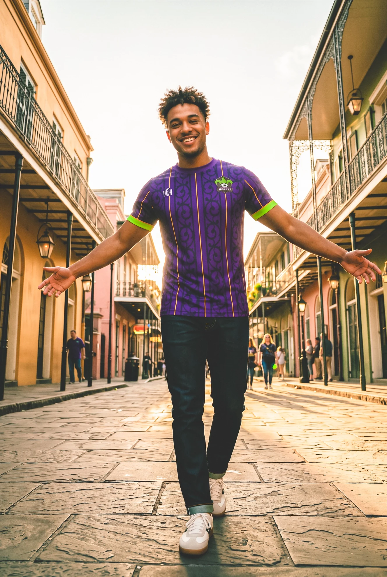 A New Orleans Jesters player in the purple home shirt on a French Quarter street